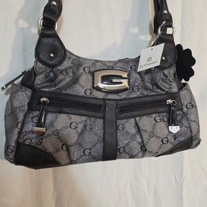 Gussaci Metallic Gray Black Silver Monogram Shoulder Bag with Black Trim NWT